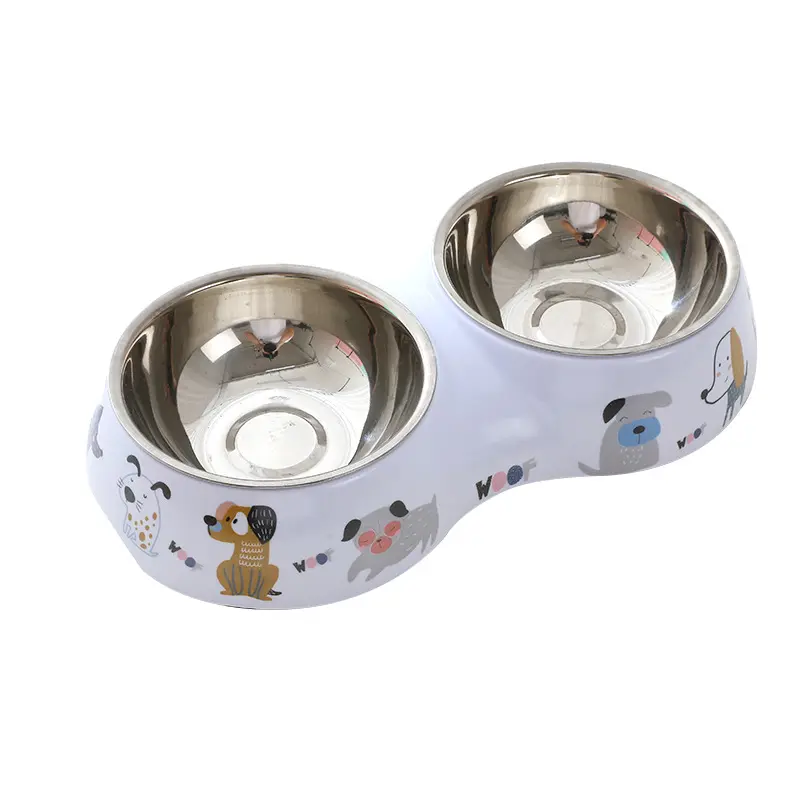 내부 그릇 개 그릇 도자기 인쇄 투인원 애완 동물 더블 그릇, 개를 위한 스테인리스 물병이있는 미끄럼 방지 바닥