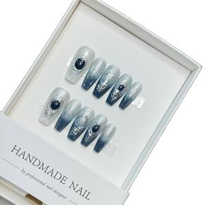 Personalizado Etiqueta Privada corto brillo negro plata falso cubierta completa 3D diamantes estrella fresco usable Punta de <span class=keywords><strong>uñas</strong></span> hecho a mano prensa en las <span class=keywords><strong>uñas</strong></span> - Product Image 2