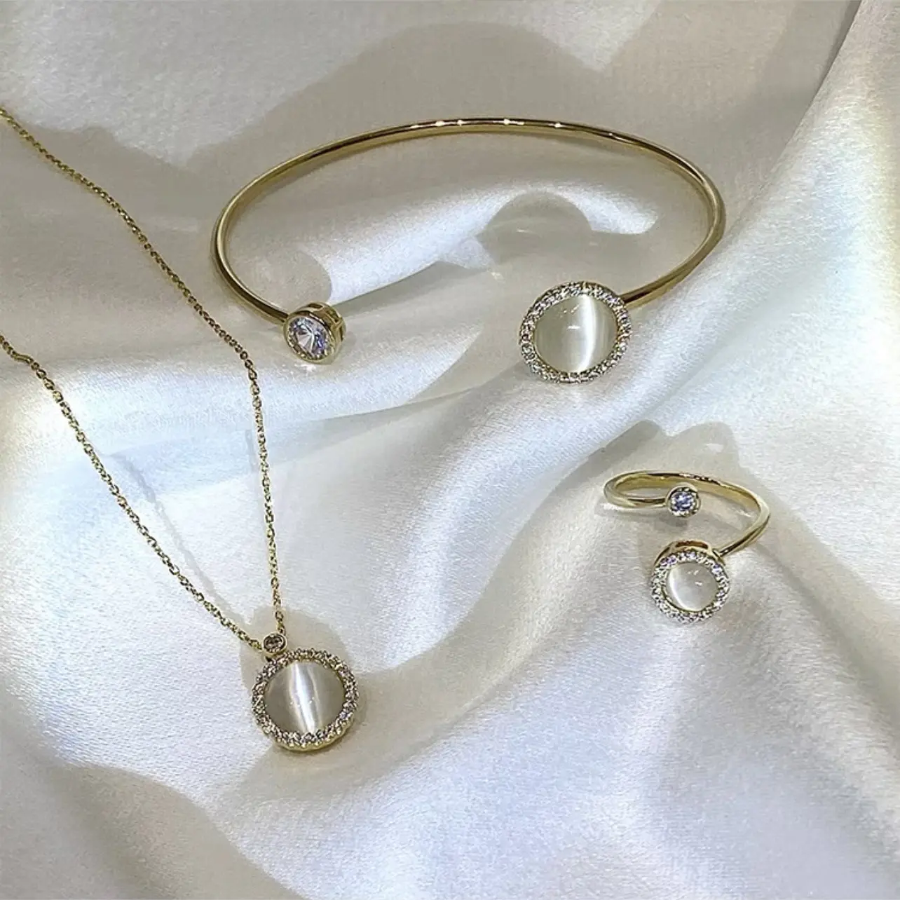 Fashion Jewelry Sets 4Pcs/Set Micro Inlay Shiny Zircon CZ Elegant Rings Bracelet Earrings Rotatable Round Opal Choker Necklace