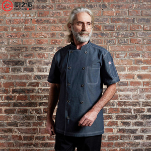 Checkedout all'ingrosso cucina ristorante <span class=keywords><strong>Hotel</strong></span> personale dello Chef indossare giacca a manica corta cappotto estivo Denim <span class=keywords><strong>Hotel</strong></span> uniforme - Product Image 1