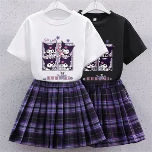 Kawaii Sanrios Children's Suit Cute Anime Kuromi Jk Uniform Summer Preppy Cartoon Short-Sleeved Top Pleated Skirt Two-Piece Set.