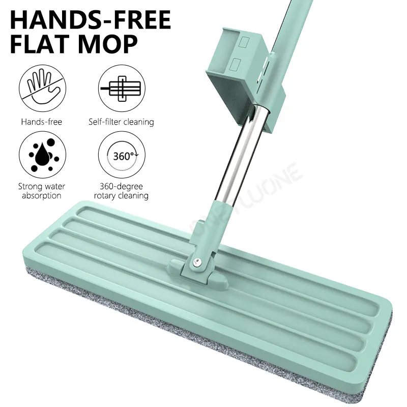 Flat Mop Free Hand Washing Mop Stainless Steel Home House Office Handle Spin Cleaning Tool Microfiber Pad Kitchen Floor Clean