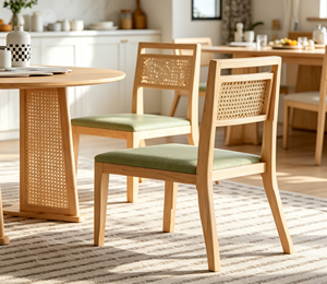 Chaise de salon scandinave en bois avec assise rembourrée verte et dossier en rotin, mobilier moderne pour la maison - Product Image 4