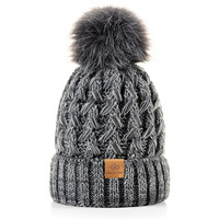 Bonnet ample en tricot à logo personnalisé Chapeau ample épais avec pompon en fausse fourrure Chapeau d'hiver