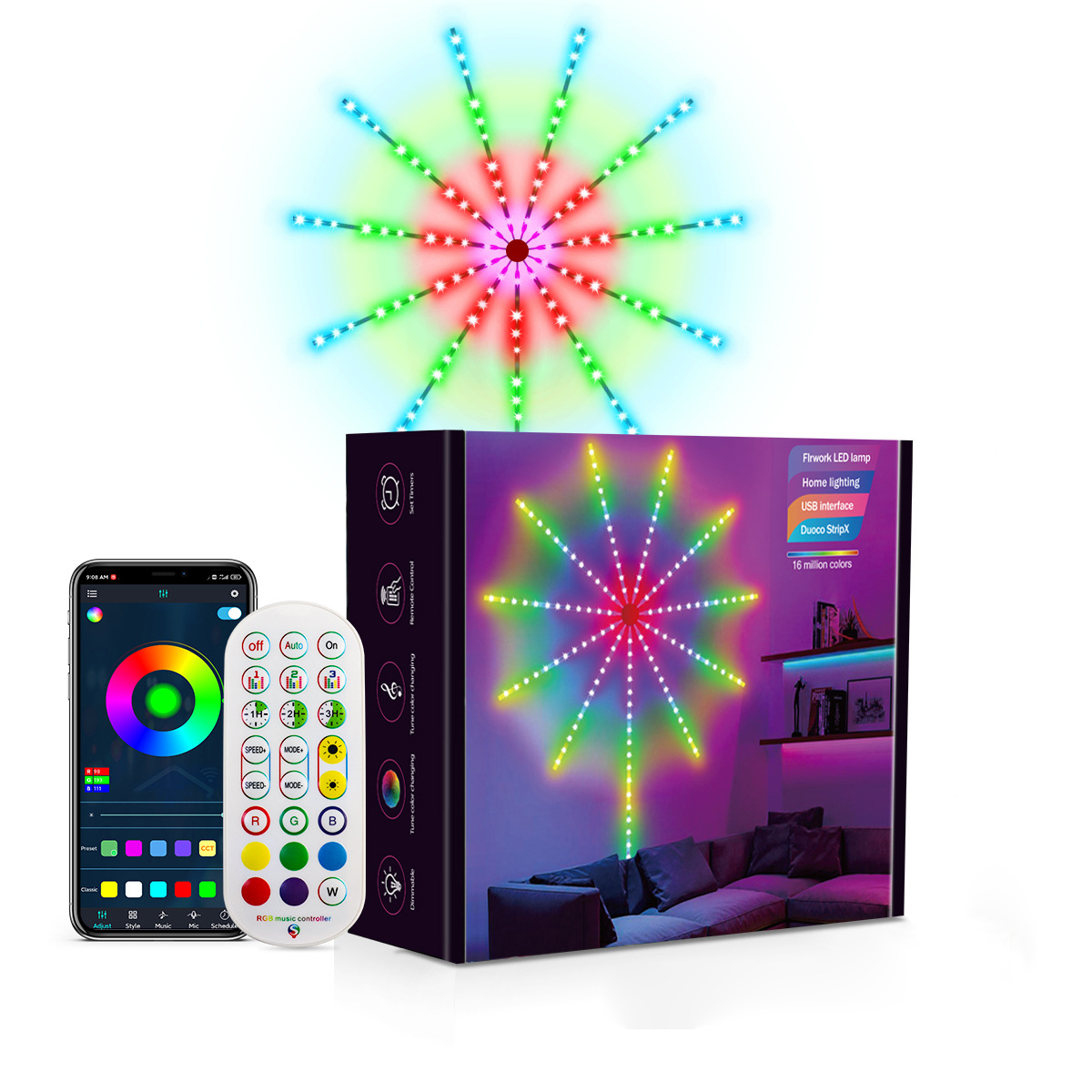 Music Light Fireworks Led Lights 195LEDS Full Color Remote+App Control High Music Sensitivity Sound Control Landscape