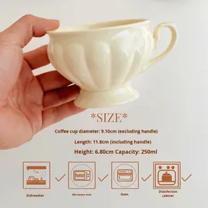 Ensemble tasse et soucoupe en céramique crémeuse de style <span class=keywords><strong>vintage</strong></span> français avec motif floral en relief et tasse en forme de citrouille pour le thé et le café de l'après-midi - Product Image 4