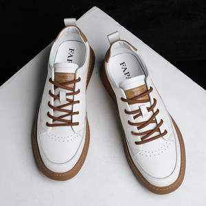 Men's <b>White</b> Leather Sneakers Low <b>Heel</b> Breathable Rubber Outsole EVA Midsole Casual Walking Shoes - Product Image 2