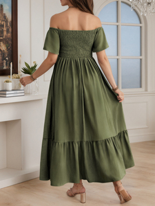 Disponibile Abito Lungo Premaman Estivo con Spalle Scoperte, Maniche Corte con Volant, Vita Arricciata con Coulisse, Orlo a Balze e Taglio a Trapezio - Product Image 4