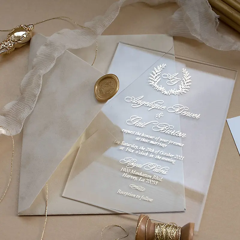 Cartas de convite de casamento acrílico transparente, com envelopes de veludo