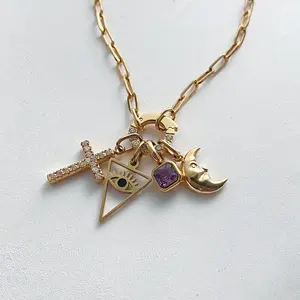 EManco Collier tendance minimaliste pour femme, avec pendentifs Triangle, Mauvais œil, Croix, Barre vierge, Lune, en acier inoxydable, chaîne à maillons, DIY, Dropshipping - Product Image 4