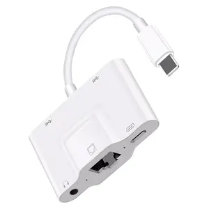 Grosir adaptor Hub USB 5 port untuk IOS dengan HDMI USB 2.0 PD Charge RJ45 Ethernet 3.5mm AUX stasiun dok untuk iPad iPhone