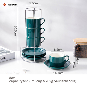 Elegantes tazas de porcelana azules para regalo de boda, recuerdo para invitados, tazas de espresso con platillos apilables, tazas de capuchino con soporte. - Product Image 5