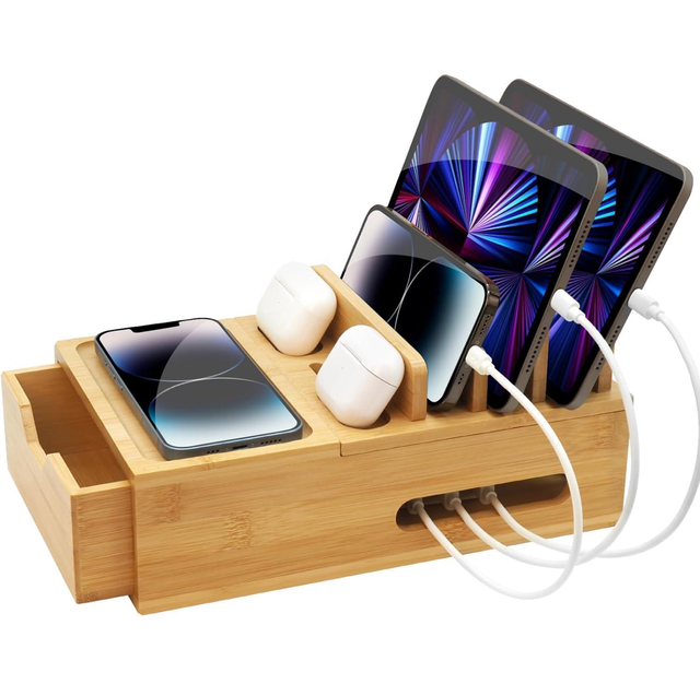 Bamboo Charging Station for Multiple Devices:Desktop Wooden Organizer-With Drawer &Tray, Compatible with Phone,Tablet, Earphones