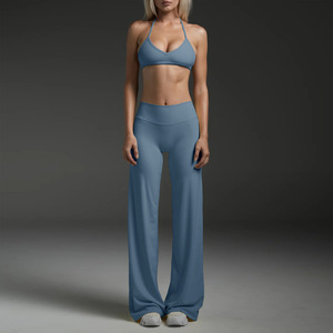 Completo Yoga da Donna 2 Pezzi: <span class=keywords><strong>Reggiseno</strong></span> <span class=keywords><strong>Sportivo</strong></span> con Scollo a V e Pantaloni a Vita Alta a Gamba Larga, Elasticizzati in 4 Direzioni, Traspiranti, Asciugatura Rapida, Leggeri - Offerta Speciale - Product Image 3