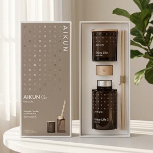 Aikun Low MOQ Custom 100ml Brown Glass <b>Reed</b> <b>Diffuser</b> And 65g Scented Candle Gift Set with Silk Screen Logo Rigid Box <b>For</b> Home - Product Image 1