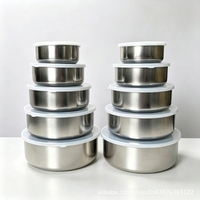 Ensemble de boîtes à lunch en acier inoxydable de cinq pièces avec couvercle, design moderne, forme ronde, épaisse et hermétique pour une conservation optimale des aliments