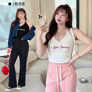 Débardeur en coton tricoté blanc cassé à col halter avec broderie de lettres pour femme Runqi N8684, grande taille - Product Image 3