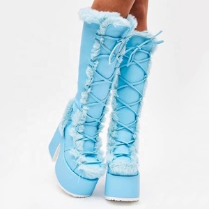 Women's Western Autumn/Winter Thick Chunky <b>Heels</b> Long Lace-Up Fur Boots <b>Round</b> <b>Toe</b> Fashion Platform Block <b>Heel</b> Knee-High - Product Image 3