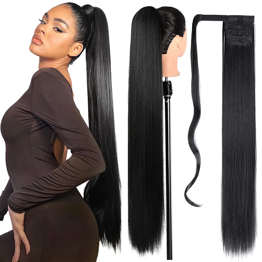 AliLeader 34inch 140g Clip in Pony Tail Hairpieces Ombre Synthetic Hair Wrap Around Long Straight Ponytail Extensions for Women
