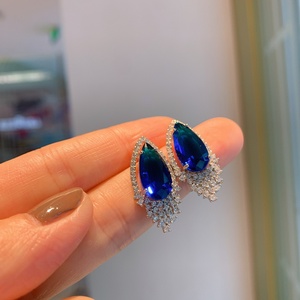 High Quality Pear Cut 8*16mm Blue Glass Cubic Zirconia Delicate Necklace <b>Earrings</b> <b>Set</b> Eco-friendly Copper Jewellery <b>Set</b> for Girl - Product Image 4