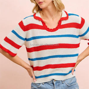Camiseta de punto de manga corta a <span class=keywords><strong>rayas</strong></span> del 4 de julio para <span class=keywords><strong>mujer</strong></span>, roja, blanca <span class=keywords><strong>y</strong></span> <span class=keywords><strong>azul</strong></span>, patriótica, con cuello en V, estilo <span class=keywords><strong>polo</strong></span>, holgada, informal, para verano - Product Image 1