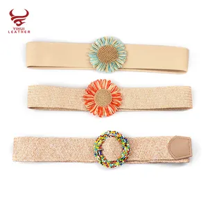 Designer Straw Elastic Strength Lady Belt Flower Buckle Handmade Raffia Waist Belt Fashion Boho PP Straw Weave Belts for Women