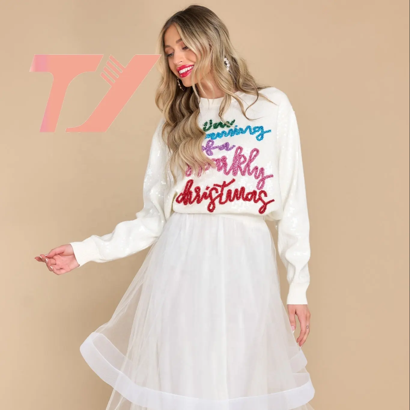 TUOYI New Design Chunky Winter Weihnachten Übergroße Erwachsene Pullover Strick pullover Frauen Weihnachten Weiß Pullover