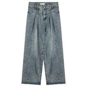 Conjunto de Dos Piezas para Mujer, Estilo Coreano, Primavera-Otoño 2025, Camisa de Manga Larga con Hombros Descubiertos y Jeans Azules Plisados de Pierna Ancha - Product Image 1