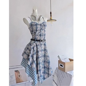 Blue Tie Dye Patchwork Plaid Suspender Dress Women A Line Tight Waist Asymmetric Casual Dress Daily Wear - Product Image 3