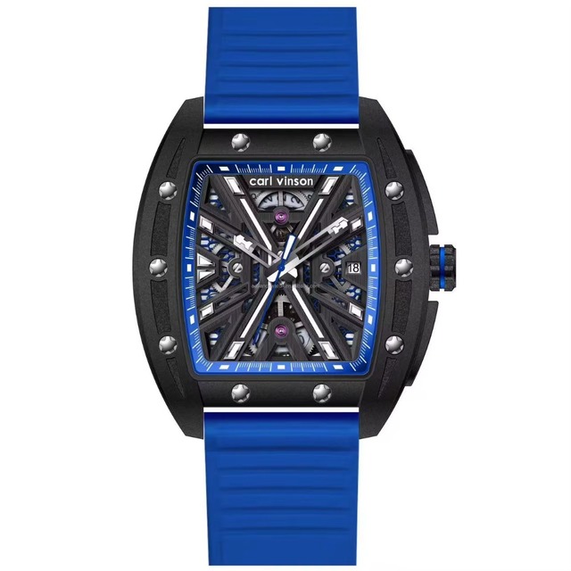 Luxury Men's Tonneau Case Skeleton Sport Watch Automatic Mechanical Luminous Sapphire Crystal Rubber Band Analog Dial