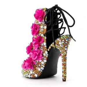 Luxury Colorful Diamonds Women Back Lace up <b>Shoes</b> Flowers Peep Toe High Heel Sandals Dress Stiletto Party Pumps - Product Image 2