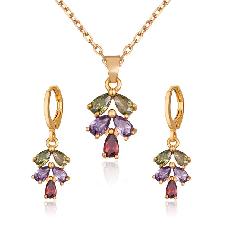Colorful dubai cheap bridal 18k gold plated zircon necklace and earrings jewelry set