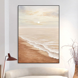 Peinture à l'huile artisanale, paysage marin, coucher de soleil, plage, encadrée, décoration minimaliste moderne pour salon, œuvre d'art - Product Image 1