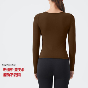Women's Seamless Long Sleeve Yoga Top Henley Collar With Removable Bra <b>Pads</b> For Fitness And <b>Running</b> - Product Image 2