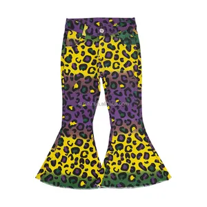 2024 новинка, Лидер продаж, праздничная одежда, Марди-Гре, фиолетовые, желто-Зеленые джинсы с леопардовым принтом, расклешенные брюки для девочек