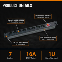 Multiprise de rack PDU basique personnalisée Danemark 13A 250V 1.5U avec câble 3G x 1.5mm² de 2m, 3m et interrupteur normal à LED pour projet OEM