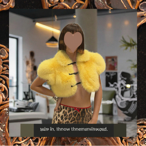 เสื้อแจ็คเก็ตขนเฟอร์เทียมสุดหรูสำหรับสุภาพสตรี คอลเลคชั่นใหม่สำหรับฤดูหนาว สีพื้น คอปก แจ็คเก็ตสั้น ทอแบบเรียบ - Product Image 3