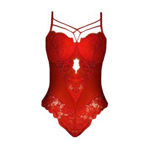Women's Lace <b>Bodysuit</b> <b>Red</b> Sexy Cross Strap Buttock Lift Stretch Fabric - Product Image 4