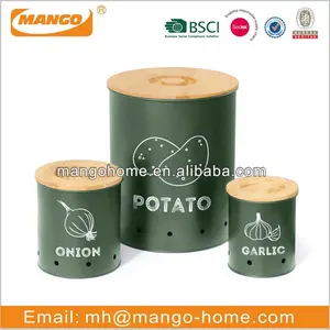 Yuvarlak Metal patates soğan sarımsak setleri depolama konteyner patates teneke kutu mutfak için bambu kapaklı