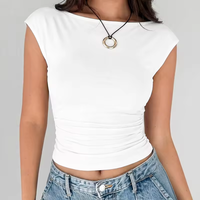 T-shirt court décontracté sexy Y2K à col bateau et manches courtes froncé, avec logo personnalisé OEM, pour femme, vente en gros
