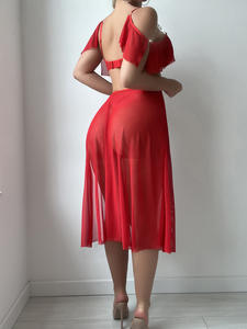 Rotes Damen Sexy Kleid mit Trägern, Netzstoff, Schlitz, Transparent, Verführerisch, Hoher Schlitz, Sexy Dessous-Kleid 3-teiliges Set für Frauen - Product Image 5