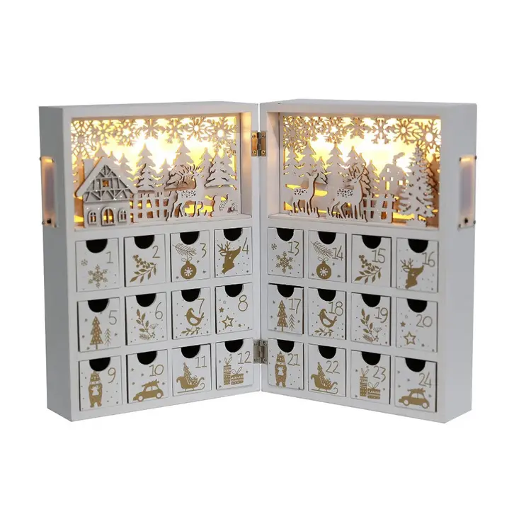 Giá rẻ bán buôn giáng sinh bằng gỗ Advent lịch cuốn sách với LED trắng & vàng giáng sinh Tuần lộc đếm ngược