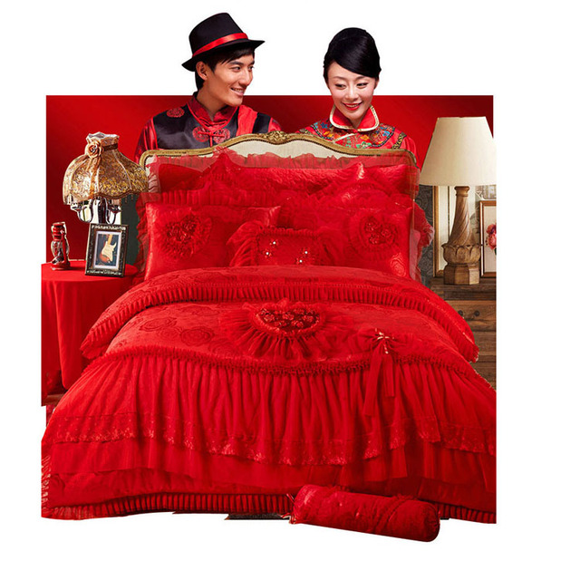 Luxurious Red Lace Ruffled Princess Wedding Bedding Set (11-Piece) Bridal Comforter Cover Eco-Friendly European Style Polyester