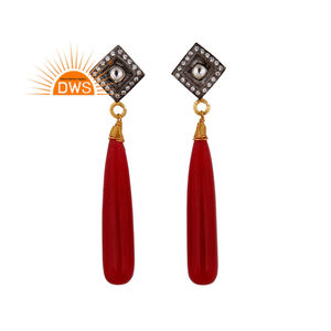 Boucles d'oreilles pendantes en argent plaqué or jaune avec pierre précieuse rouge aventurine CZ tendance, bijoux de créateur - Product Image 1