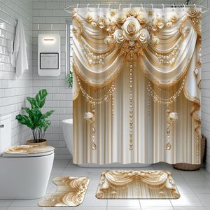 Juego de Cortinas de <span class=keywords><strong>Ducha</strong></span> Modernas de Poliéster Impermeable de Lujo, 72x72 Pulgadas, Diseño Floral Elegante, Incluye Alfombra de Baño en Forma de U y Tapete para Inodoro - Product Image 1