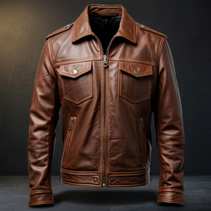 Chaqueta de Motociclista de Cuero Genuino Marrón para Hombre, Cuello Camisero, Cierre de Cremallera, Corte Regular, Estilo Otoñal - Product Image 2