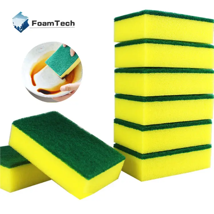 High Density Magic Dishwashing Kitchen Sponge Brush PVC Bag Washing Sponge Cleaning Sponge Custom Kitchen Dishes Yellow