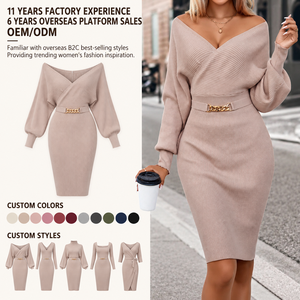 Abito Midi da Donna in Maglia <span class=keywords><strong>a</strong></span> <span class=keywords><strong>Costine</strong></span> con Spalle Scoperte, Scollo <span class=keywords><strong>a</strong></span> V, <span class=keywords><strong>Maniche</strong></span> <span class=keywords><strong>Lunghe</strong></span> <span class=keywords><strong>a</strong></span> Pipistrello, Cinturato, Elegante, Personalizzabile OEM ODM, Produzione all'Ingrosso - Product Image 1