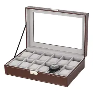 Custom Logo Watch Box 12 Slot Leather Watch Case Organizer Watch Holder for Men Glass Top (Brown)