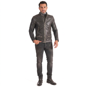 Veste en cuir de vache véritable noir de haute qualité, sur mesure, respirante, avec doublure en lin, pour homme, col montant, à capuche, vintage, automne - Product Image 1